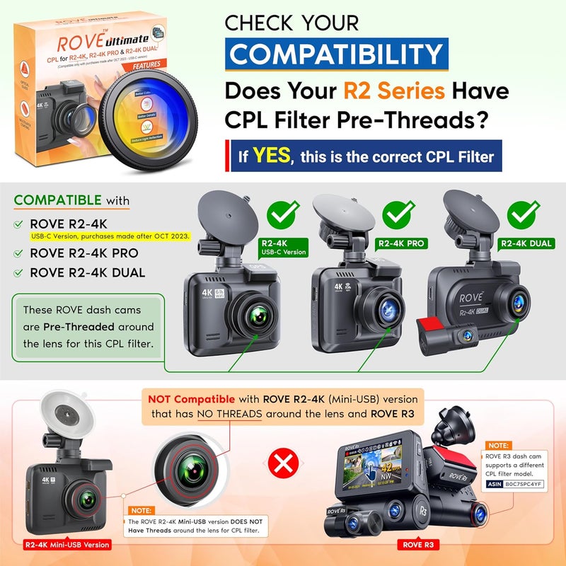 ROVE Ultimate CPL Filter, Anti-Glare Circular Polarizer Lens for R2-4K, R2-4K PRO, and R2-4K Dual Dash Cam Models - Image 2